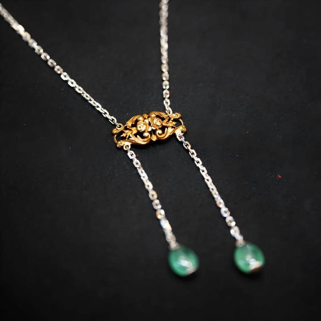 Art nouveau pendant: "Art nouveau period, white 14k, yellow 18K,Brazilian Emerald, slightly oily, 11.2g, with 2 CGRL certificates "Wt:11.2g