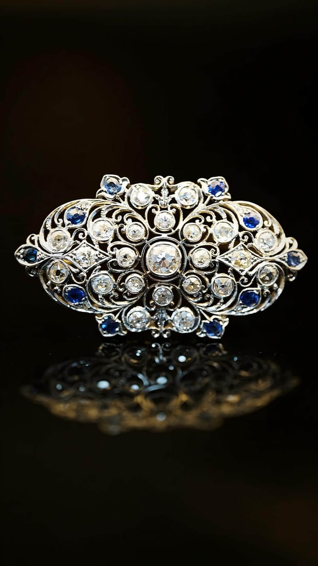 1901-1910 diamond brooch: From 1901 to 1910, the whole platinum Pt850 was inlaid (measured)Pt98.37%)+back needle 18K gold, with a total weight of 12.5gThe main drill cut about 80 points and 23 diamonds, totaling about 4ct.10 A
