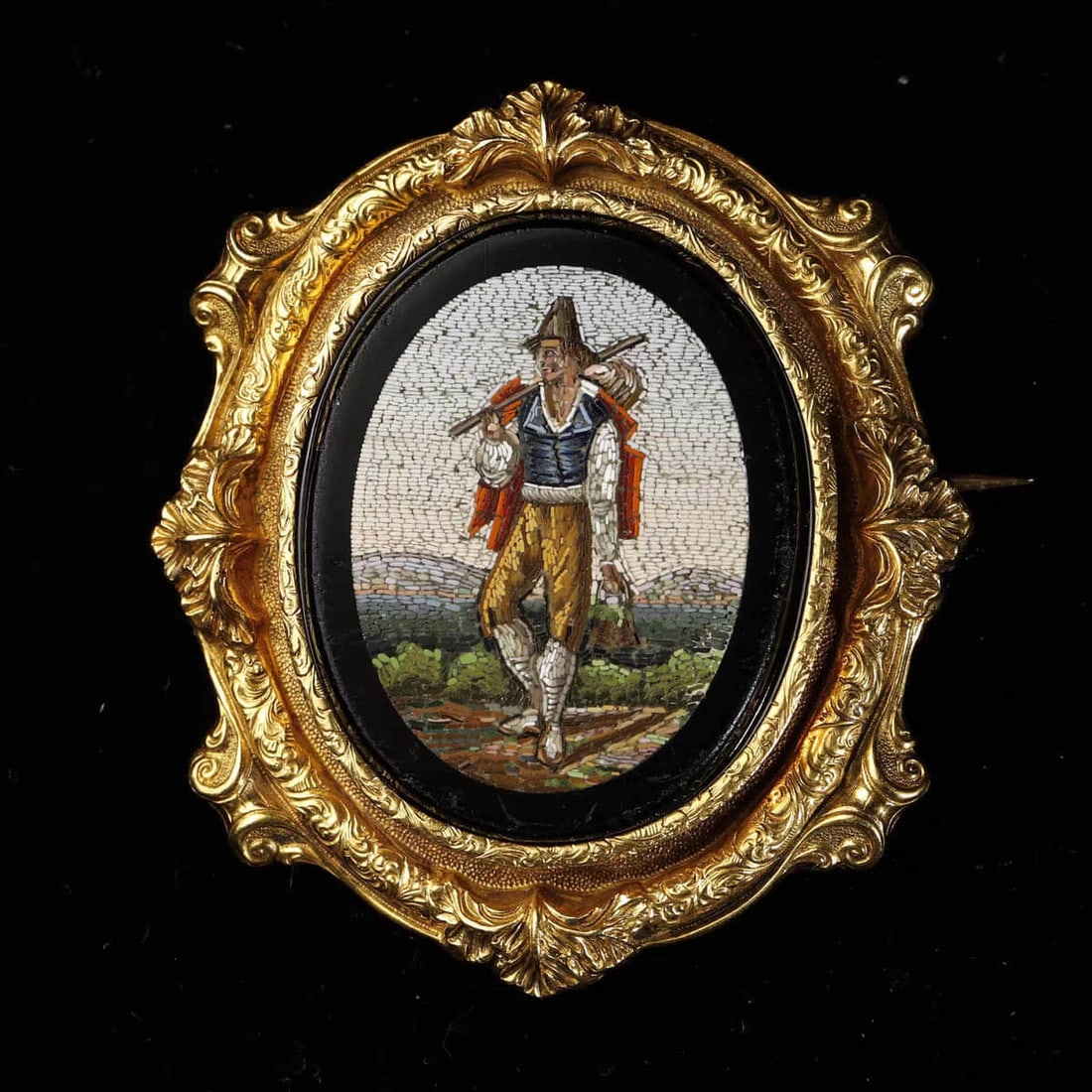 European Antique Jewelry in Georges Period French and Italian Antique Micro Mosaic Character Gold: The Georgian period (1714-1837)The peak expression of the Micromosaic technology of the antique micro mosaic figure gold brooch-the picture is made up of thousands of millimeters of colored glass squa