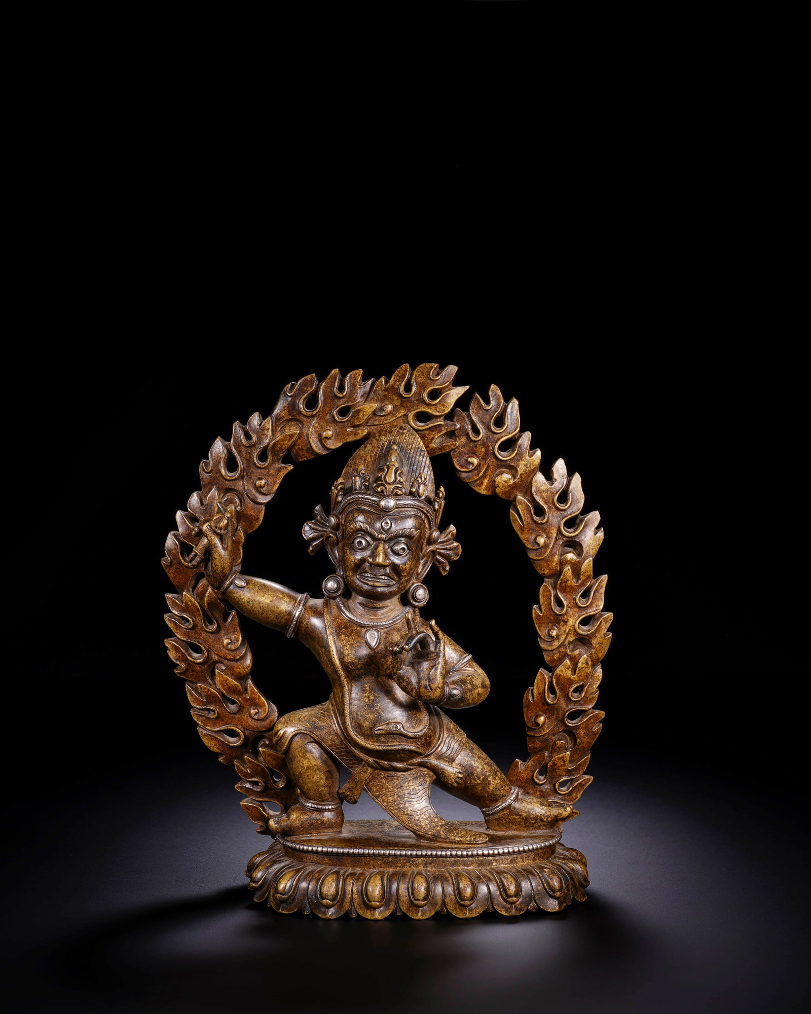 Qing Tibetan style bronze gilt statue of wrath protector: L:16.8cm H:19.3cm
