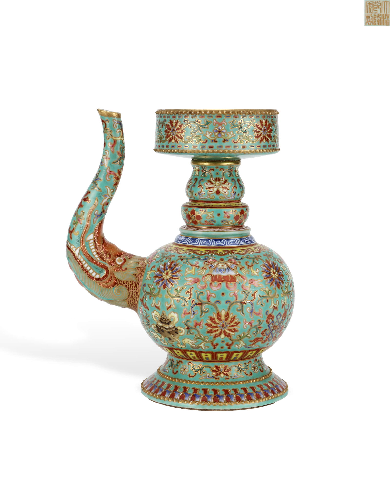 Qing gan long song Shi green land pastel lotus eight auspicious patterns Ben Bahu: H:19.3cm L:15.3cm