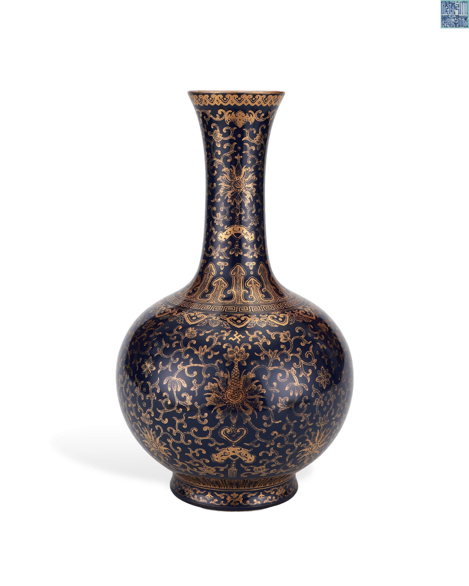Qing gan long Ji blue glaze gold-painted flower-wrapped long neck bottle: H:31.3cm W??18.3cm