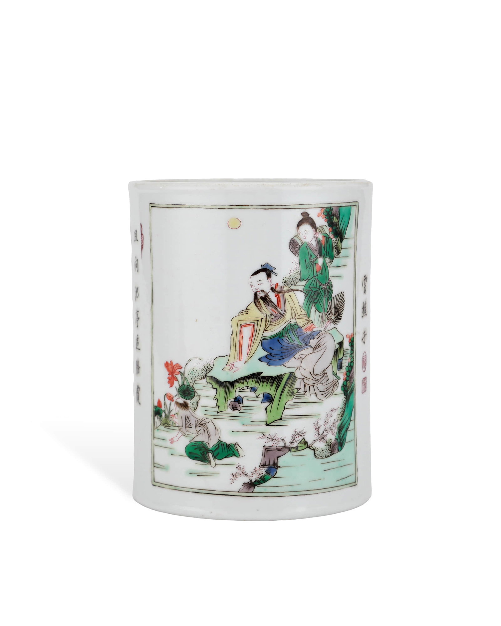 Qing Kangxi colorful character story pattern pen holder: H:15.3cm W??11.7cm