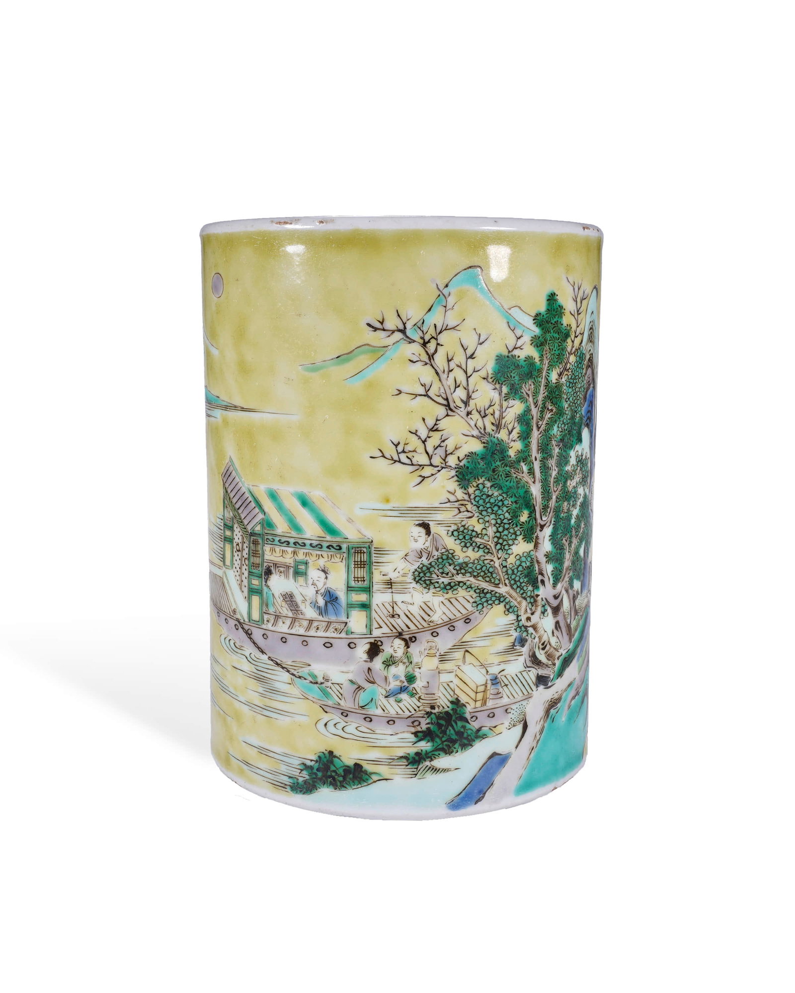 Landscape pattern pen holder for colorful characters in Kangxi of Qing Dynasty: D:11.5cm H:15.5cm