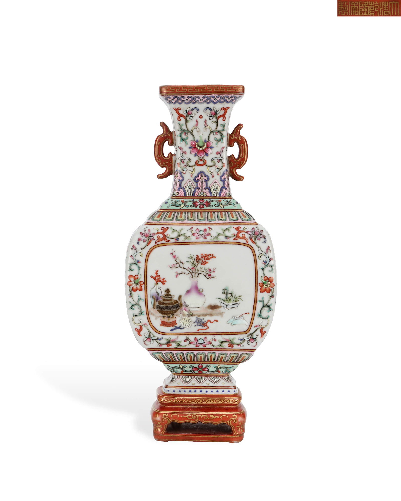 Qingganlong pastel-bound branch flowers open Bo Gu figure ear bottle: H:24.2cm L:10.2cm