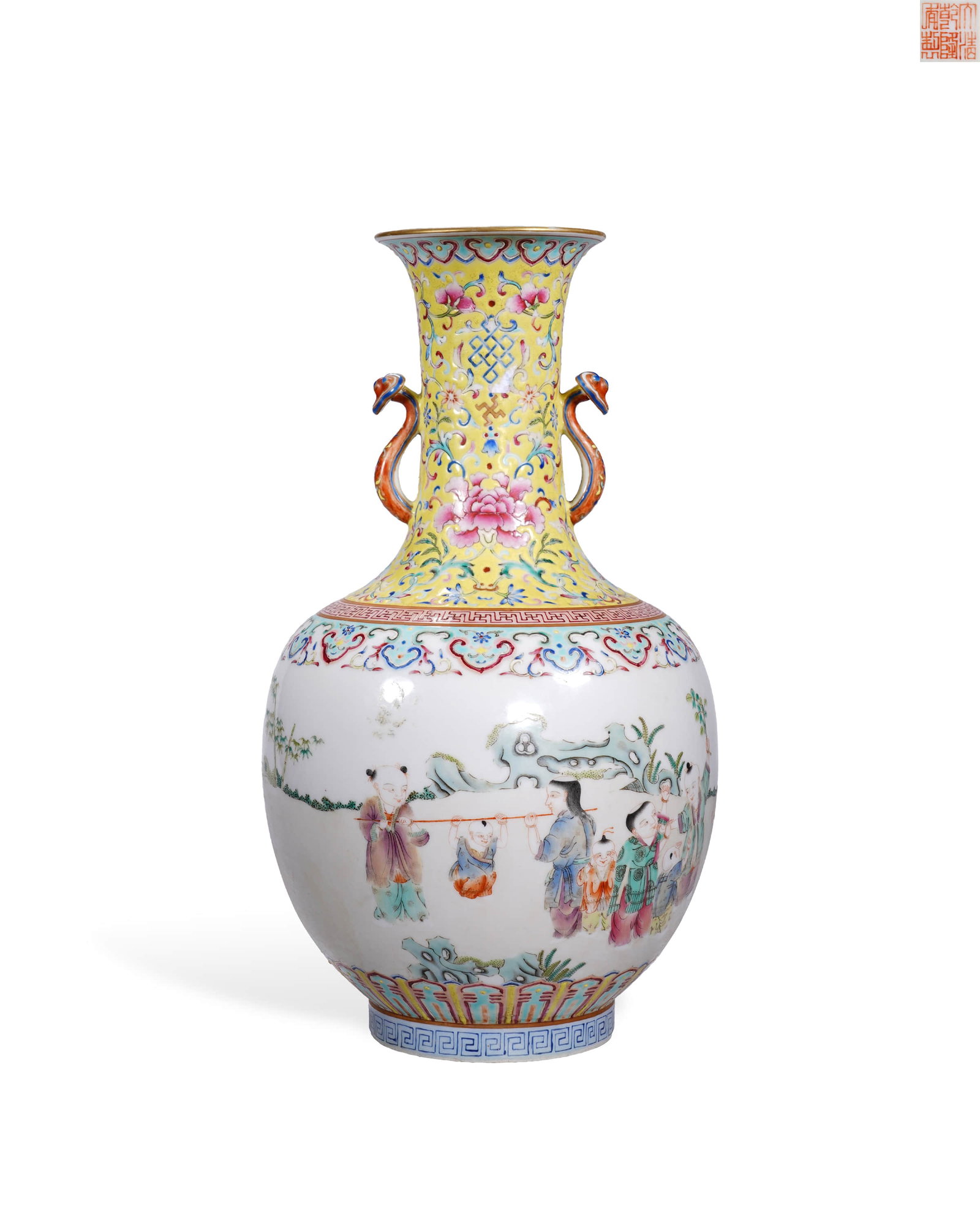 Qingganlong pastel yellow ground bound branch lotus pattern baby play picture ear bottle: L:16.8cm H:30.7cm