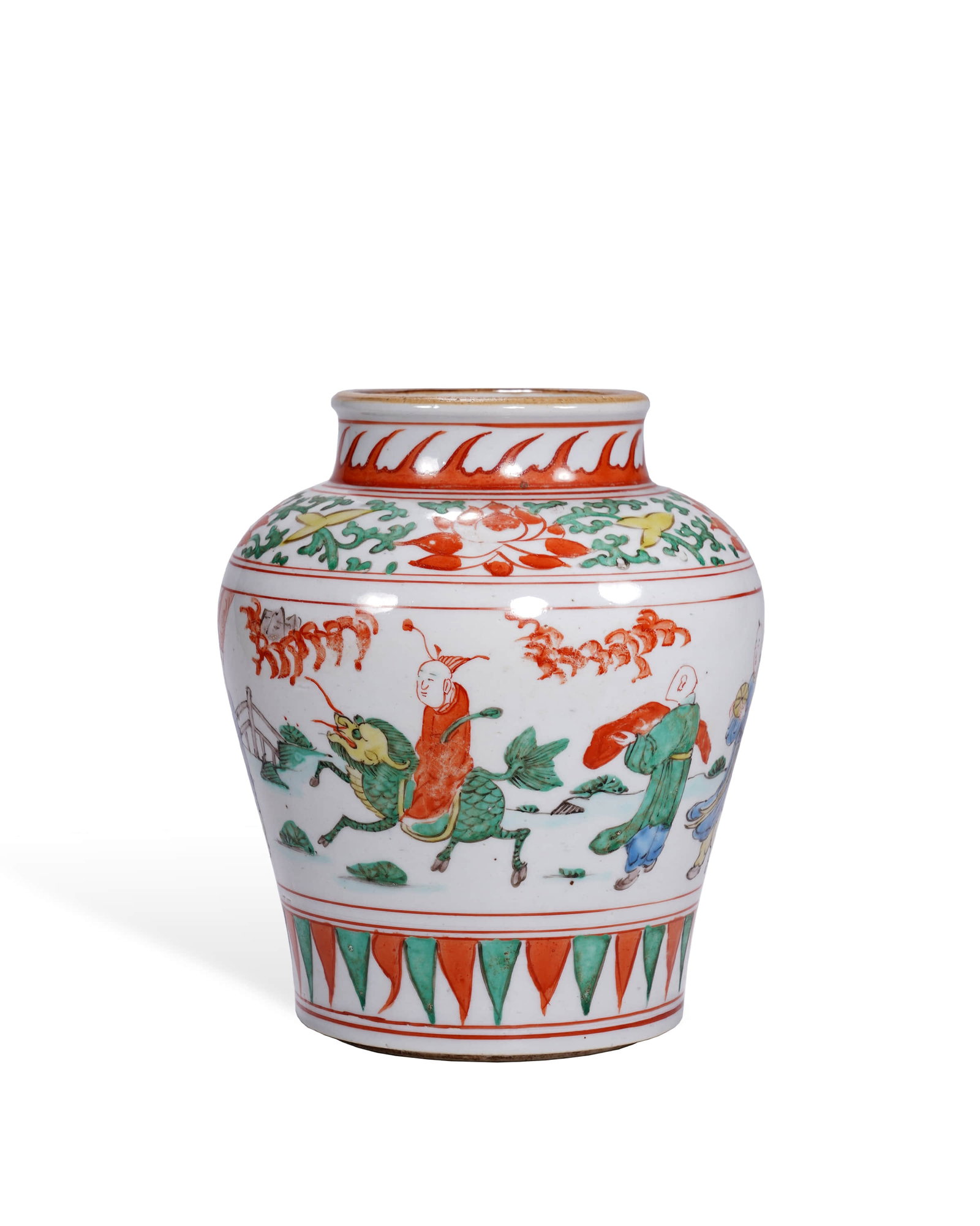 Ming Wanli multicolored Kirin sent a baby to play with a jar.: L:13cm H:16.3cm