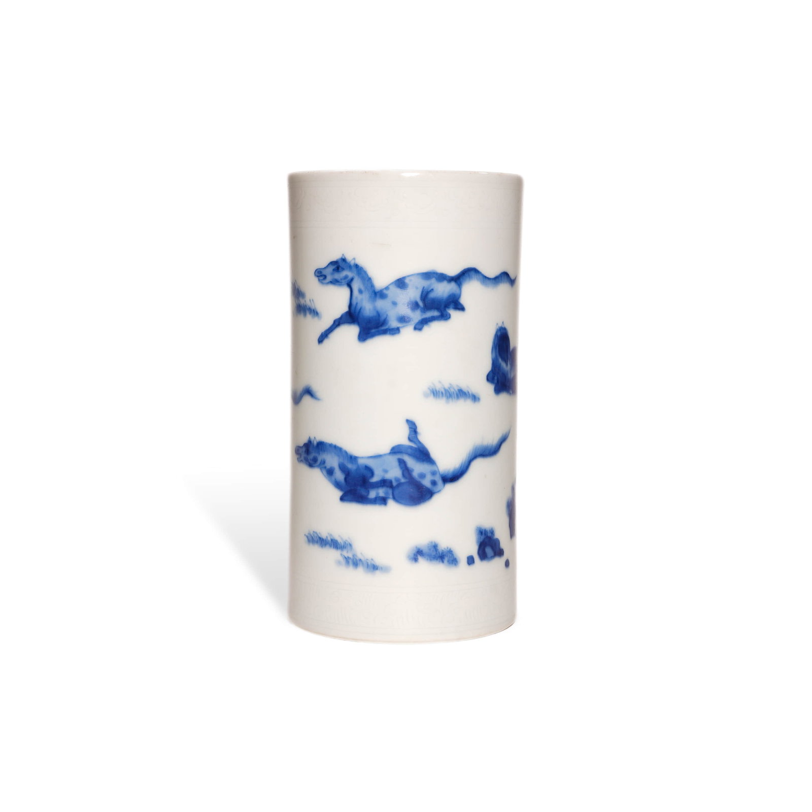 Ming Chongzhen blue and white steed pen holder: D:7.5cm H:14.5cm