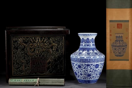 A Rare Blue and White Flower Pattern Vase,With Silk Vertical Scroll Ink Painting