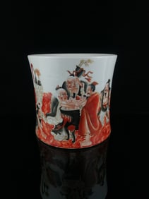 An Exquisite Famille-Rose Character and Story Pattern Brush Pot,With Poem
