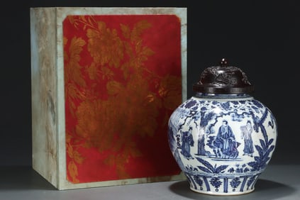 A Huge Blue and White Lotus,Character and Story Pattern Cover Jar