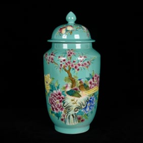 An Exquisite Famille-Rose Sky Blue Glazed Flower and Bird Pattern Cover Jar