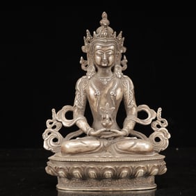 An Exquisite Silver-plated Copper Statue of Amitayus