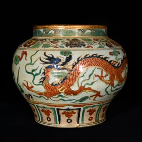 A Rare Blue and White Wucai Painted Gold Auspicious Cloud and Dragon Pattern Jar
