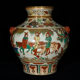 A Rare Blue and White Wucai Painted Gold Character and Story Pattern Beast-Ears Jar