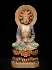 A Solemn Marble Painted Color Statue of Sakyamuni