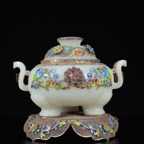 An Exquisite Silver-gilt Inlaid White Jade Flower Pattern Censer