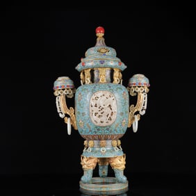 An Exquisite Cloisonne Inlaid White Jade Lotus Pattern Censer
