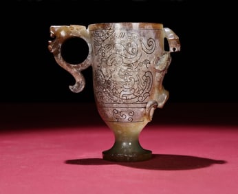 An Exquisite White Jade Painted Silver Dragon Pattern Cup