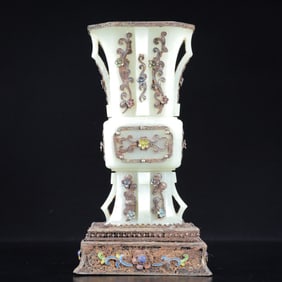An Exquisite Silver-gilt Inlaid White Jade Flower Pattern Vase