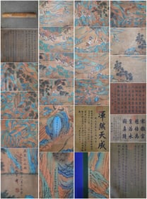 A Chinese Hand Scroll Ink Painting of Landscape and Figure on Silk,Song Huizong&Zhang Zeduan&Su