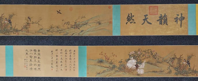A Chinese Hand Scroll Ink Painting of Rabbit,Flower and Bird on Silk,Zhou Yigui