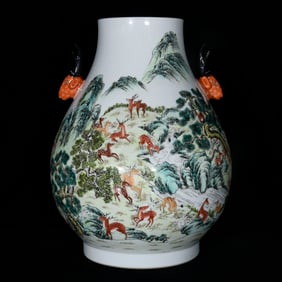 A Huge Famille-Rose Pine and Deer Pattern Deer-Ears Vase
