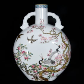 An Exquisite Famille-Rose Painted Gold Flower and Bird Pattern Double-Ears Vase,With Poem