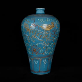 A Rare Green Ground Paste relief Painted Gold Lotus,Kylin and Phoenix Pattern Vase