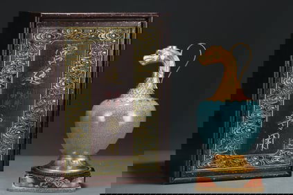 An Exquisite Blue Glazed Inlaid Gold Phoenix-head Ewer