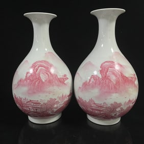 A Pair of Rare Ruby Red-Glazed Landscape and Figure Pattern Vases,With Poem