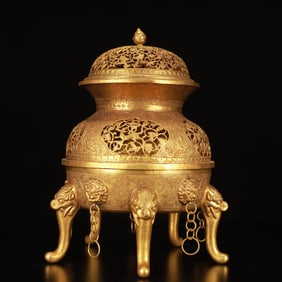 A Rare Gilt Bronze Flower and Auspicious Beast Pattern Beast-Legs Censer