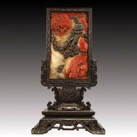 A Huge Zitanwood Inlaid Shoushan Stone Landscape and Figure Pattern Table Screen,With Poem,Qing