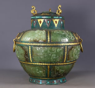 A Rare Bronze Inlaid Gold and Silver Chi-Dragon Pattern Double-Ears Jar,Inlaid White Jade