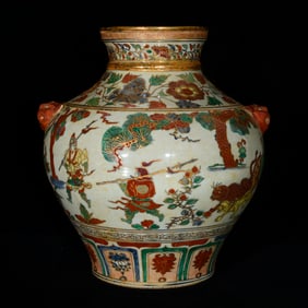 A Rare Blue and White Wucai Painted Gold Character and Story Pattern Beast-Ears Jar