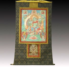 A Rare Brocade Painted Color Statue of Green Tara Tangka