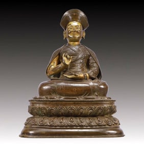 A Solemn Gilt Bronze Statue of Guru,With Inscription
