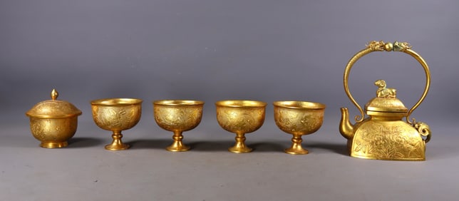 A Set of Fine Gilt Bronze Flower Pattern Teaware