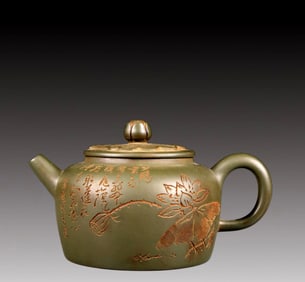 A Rare Purple Sands Lotus Pattern Teapot, with poem
