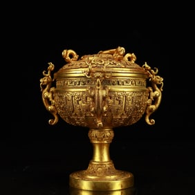 An Exquisite Gilt Bronze Beast-Face Pattern Dragon-Ears Jar with Cove