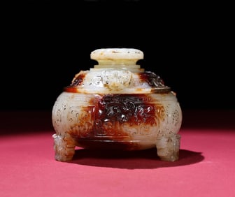 An Exquisite White Jade Beast-Face and Chi-Dragon Pattern Tripod Censer
