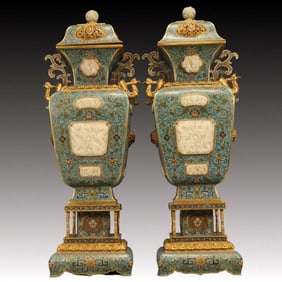 A Pair of Huge Cloisonne Lotus and Dragon Pattern Phoenix-Ears Bottle,Inlaid White Jade,With