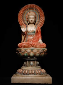 A Solemn Marble Painted Color Statue of Sakyamuni