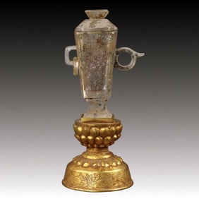 An Exquisite Glass Cover with Gold Beast-Face Pattern Double-Ears Cup, With Base