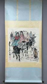 A Chinese Vertical Scroll Ink Painting of Character and Story on Paper,Huang Zhou