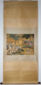 A Chinese Vertical Scroll Ink Painting of Character and Story on Silk,Jiao Bingzheng