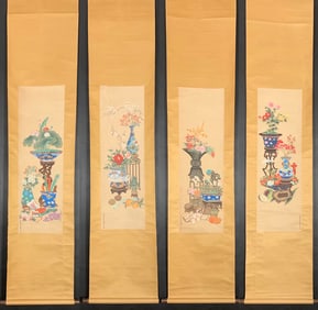 A Set of Chinese Vertical Scroll Ink Painting of Flower on Paper,Lang Shining
