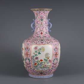 A Rare Pink Ground Famille-Rose Painted Gold Flower Pattern Double-Ears Vase