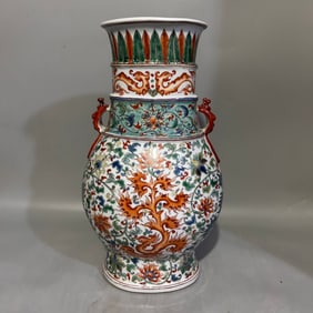 A Rare Wucai Lotus,Dragon and Phoenix Pattern Double-Ears Vase