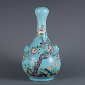 An Exquisite Turquoise Ground Famille-Rose Painted Gold Peach and Bird Pattern Beast-Ears Vase,With